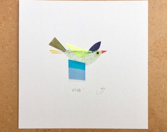Handmade Small Bird Paper Collage 'Glide' Small Bright Colourful Cheerful Artwork