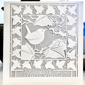 Impression artistique carte de voeux « Wren's Shelter » carré 125 x 125 mm vierge à l'intérieur