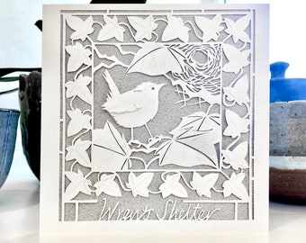 Impression artistique carte de voeux « Wren's Shelter » carré 125 x 125 mm vierge à l'intérieur