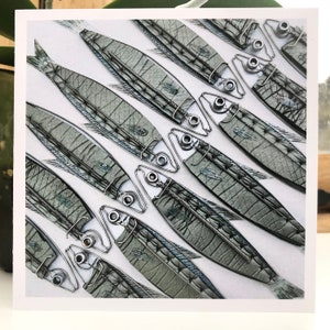 Carte de voeux artistique 'Point satin', collage, sardines recyclées 125 x 125 mm vierge à l'intérieur 100 % recyclé