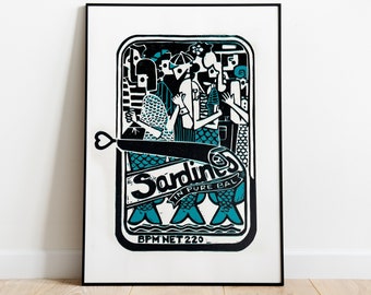 Sardines in Pure Bal / Handmade Linocut Print