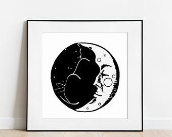 MoonCat 01 / Handmade Linocut Print