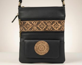 Black Leather Crossbody Bag for Women with Mandala Art| Hand Block Design Santiniketan Purse
