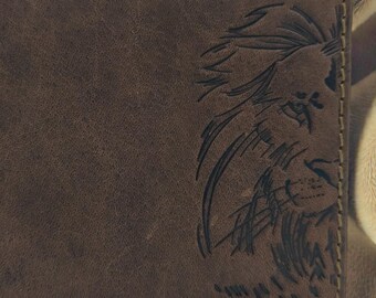 Handmade Lion Face Wallet | Dark Brown, Engraved Bifold Vintage Leather Wallet with RFID Protection