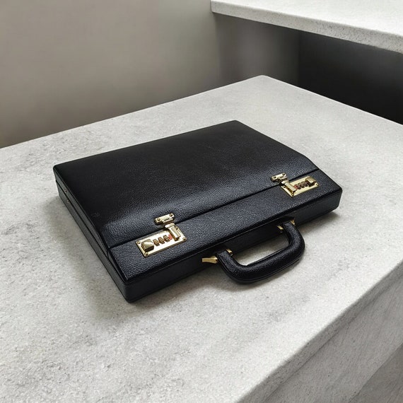 Black Leather Attache Briefcase: Custom Engraving, 3-Digit Lock
