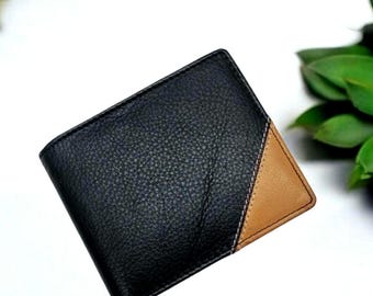 Cartera de cuero negro de dos tonos: plegable, con bloqueo RFID y monedero