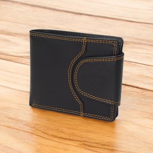 Cartera de cuero negra con cierre de botón / Cartera RFID única / Monedero de cuero genuino de grano superior para hombres / Tarjetero / Monedero