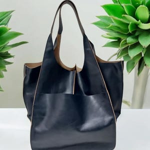 Très grand sac fourre-tout en cuir Noir | à bandoulière | Sac à provisions surdimensionné | Sac d'épicerie | Sac à main pour femme Weekender Gym Bag Sac pour ordinateur portable