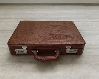 Croco Leather Attache Briefcase with Custom Engraving l Leather Laptop Carry Case l Combination Lock l Documents Organizer Buisness Handbag