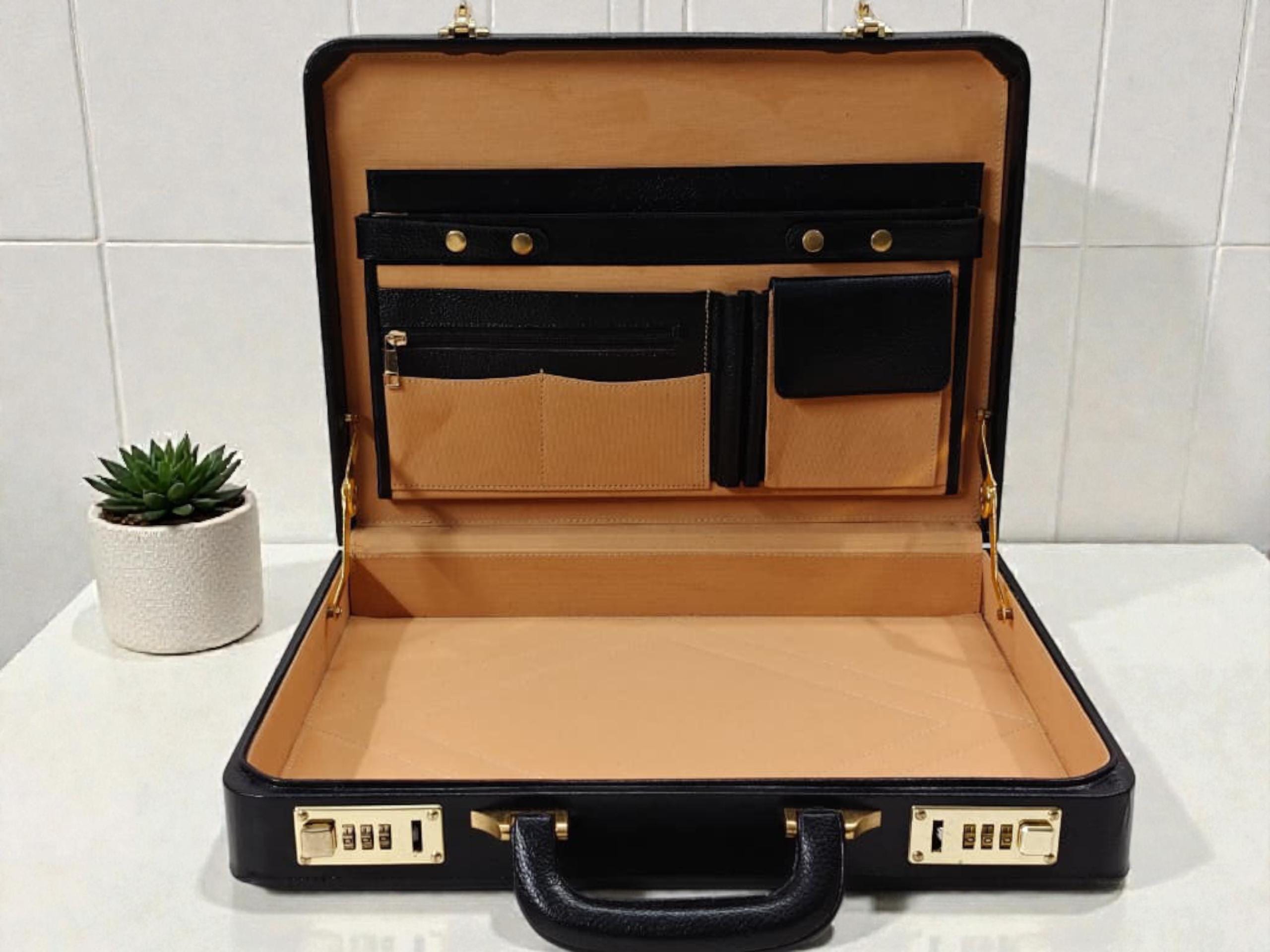 Black Leather Attache Briefcase With Combination Lock, Custom Engraving ...