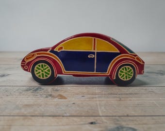 Leather Car Piggy Bank, Vintage Money Box, Hand Block Printed