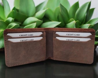Distressed Brown Hunter Leather Bifold Wallet: RFID Protection