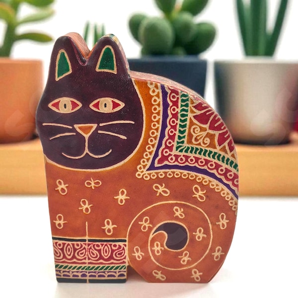 Cat Piggy Bank / Block Printed Leather Coin Bank / Vintage Money Box