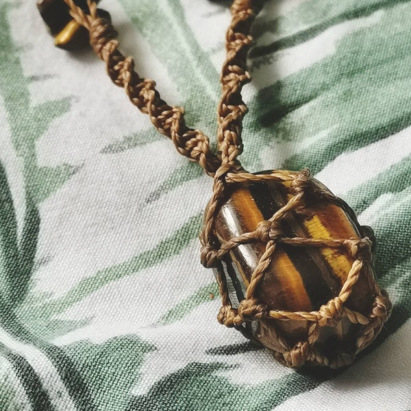 Crystal Necklace Macrame Tigers Eye Necklace Protective Jewellery, Hippy Necklace Macrame Necklace Tigers Eye Crystal Macrame Crystal Gift