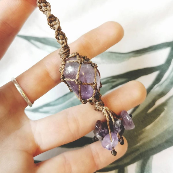 Handmade macrame crystal keyring keychain amethyst tumble stone and beads, gift for her, present bag charm friendship healing hippy boho