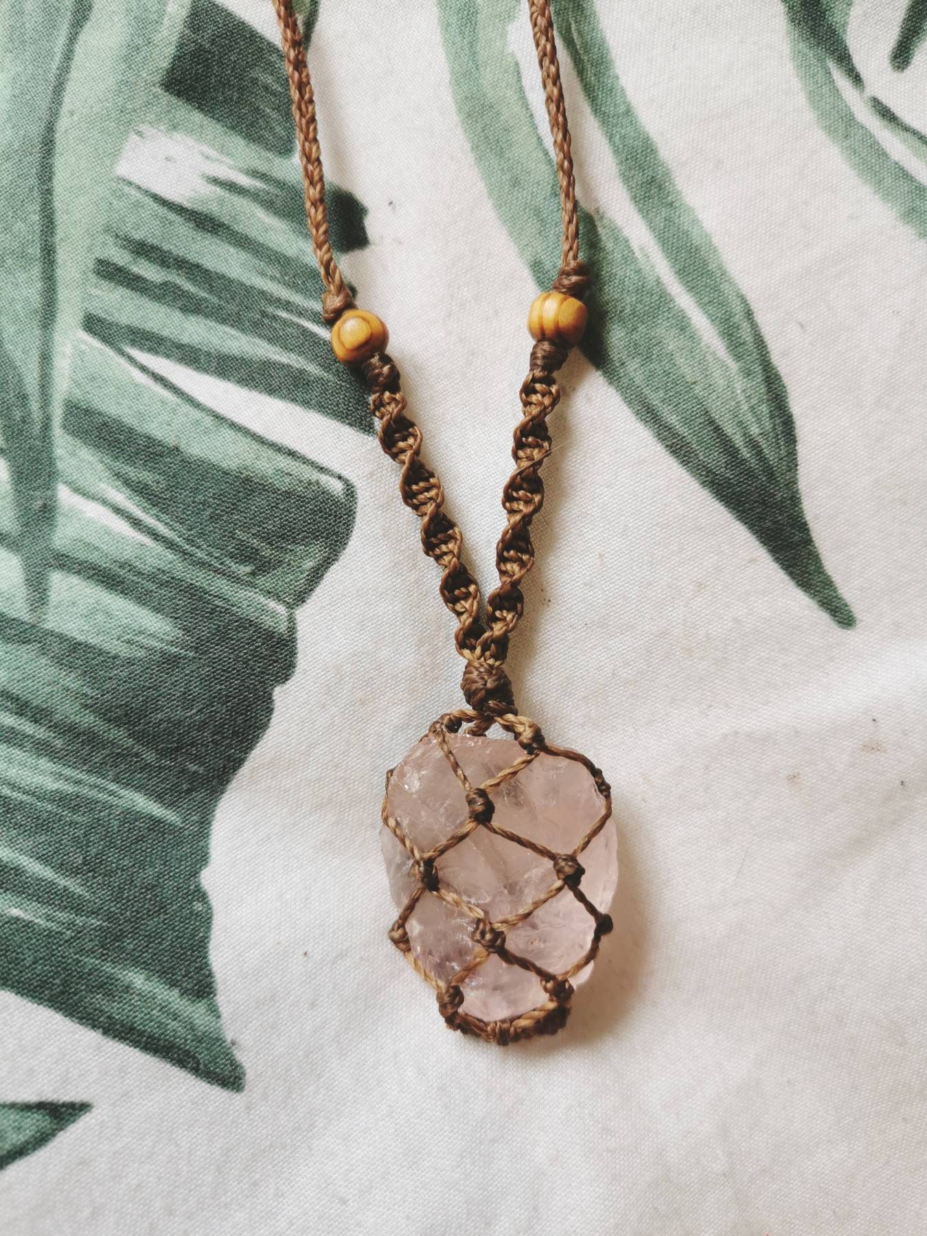 Handmade macrame crystal necklace with natural rough rose Etsy