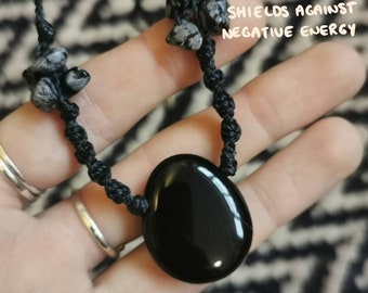 Obsidiaan ketting, hippie cadeau, handgemaakte macrame kristallen ketting, kristallen sieraden, edelsteen genezing sieraden, veganistische geschenken, zwart kristal