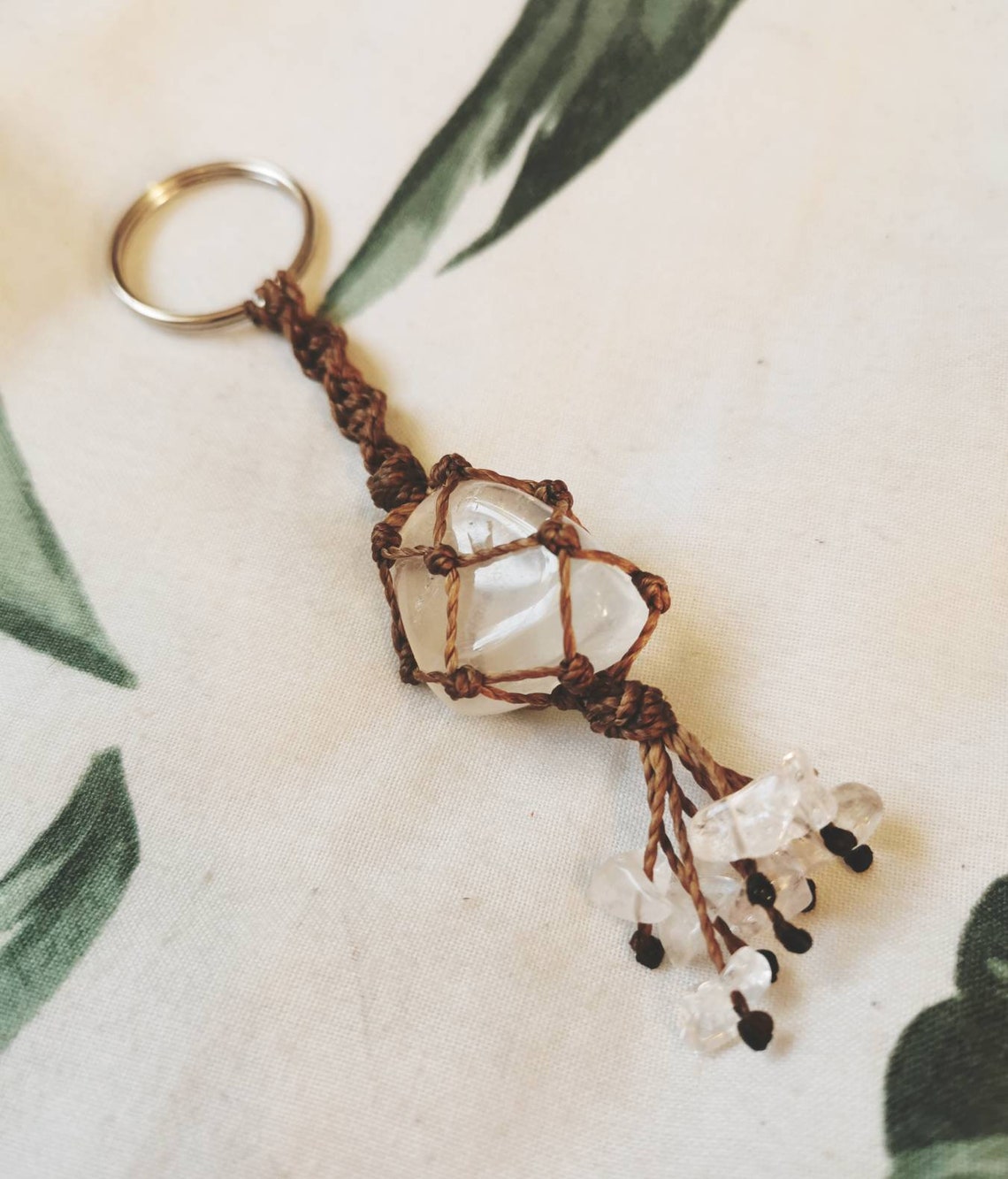 Handmade macrame crystal keyring keychain clear quartz tumble Etsy