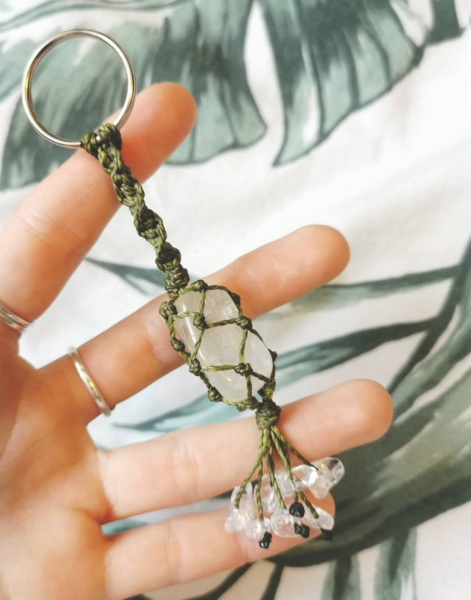 Handmade macrame crystal keyring keychain clear quartz tumble Etsy