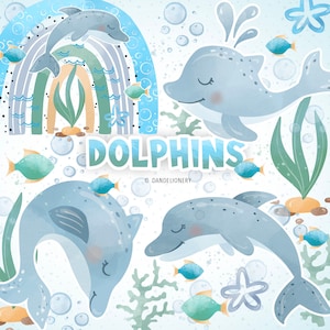 Watercolor Dolphins design, nursery clipart, sea, boys, girls clipart, sea, ocean, fish, baby clipart, water
