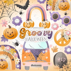Groovy Halloween design, retro halloween, rainbow, rainbow clipart, hippie car, hippie, flower power, happy halloween