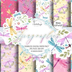 Dragonflies digital paper pack, Spring pattern, Flower digital paper, Flowers, heart, spring, floral, leaves, pink, color, dragon pattern