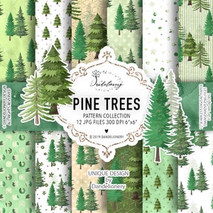 Pine Trees acquerello digitale carta pack, albero di natale, modello di natale, natale, vacanza, neve, inverno, vacanza, foresta
