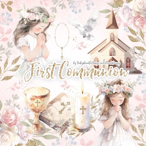 Clipart prima comunione dell'acquerello, clipart acquerello prima comunione per ragazze, religione, floreale, Bibbia, Rosario, Croce, Colomba
