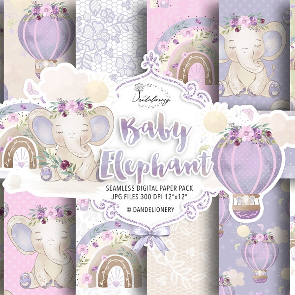 Aquarelle Baby Elephant Pack de papier numérique violet, arcs-en-ciel, motif bébé, couleur naturelle, pastel, soleil, nuage, fond de chambre d’enfant