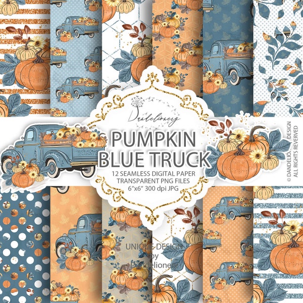 Pumpkin Truck Blue digital paper pack, Thanksgiving paper, autumn, fall, pattern, leaves, Pumpkin Planner, sunflower, give thanks