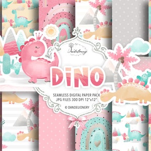 Aquarel Baby Dino digitale papieren verpakking, Regenboog, Baby meisje patroon, Baby dierlijk papier, kinderkamer, Klein commercieel gebruik, schattig,