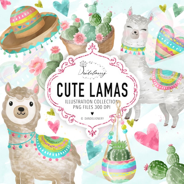 Watercolor Llamas Clipart, Cacti, Mexico, heart, cute, Llama Download, Instant Download, Alpacas, Party, Commercial Use