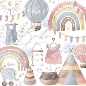 Aquarelle Boho Rainbow, clipart arcs-en-ciel, téléchargement instantané, clipart bébé, couleur naturelle, pastel, soleil, pluie, nuage, pluie, clipart pépinière