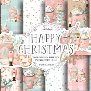 Pacote de papel digital Happy Christmas Coffee, padrão de natal, download instantâneo, chocolate quente, feliz natal, café, padrão de quebra-nozes
