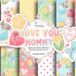 Te amo mamá paquete de papel digital, patrón del día de la madre, galleta, flor de tulipán, corazón, mariposa, tarro, papel digital de corazón