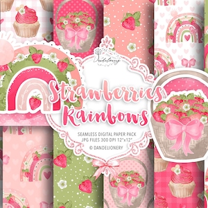 Strawberries Rainbow digital paper pack, rainbows pattern, strawberry paper, rainbow paper, fruit, heart, cute, berries, basket