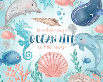 Watercolor Ocean Life Clipart, Sea Animals Download, Instant Download, shark, dolphin, snail, starfish, Seahorse
