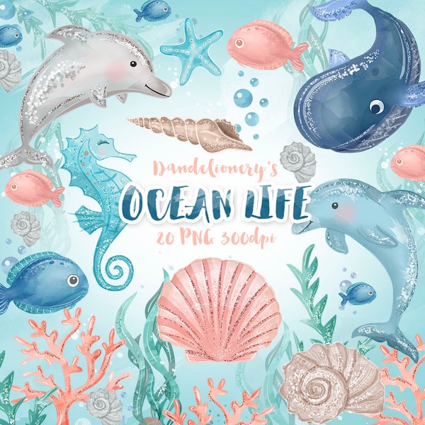 Aquarelle Ocean Life Clipart, Sea Animals Télécharger, Téléchargement instantané, requin, dauphin, escargot, étoile de mer, hippocampe