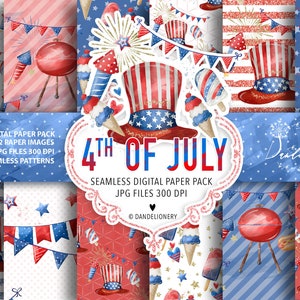 Watercolor 4th of July digital paper pack, Cute July Fourth pattern, USA, Patriotic, BBQ, Bunting, Fireworks, Ice Cream, Hat, Heart
