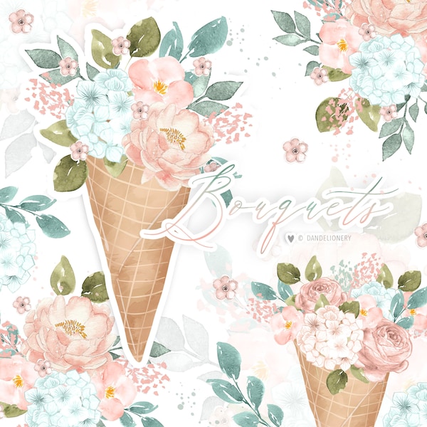 Floral Ice Cream Cone bouquet, flower clipart, roses clipart, natural color, bouquet, leaves, green, peach color, watercolor flower