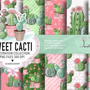 Pack de papier numérique Sweet Cactus, Motif de cactus dessiné à la main, Téléchargement de plantes, Bordure succulente mignonne, plante, fond de fleur image 1