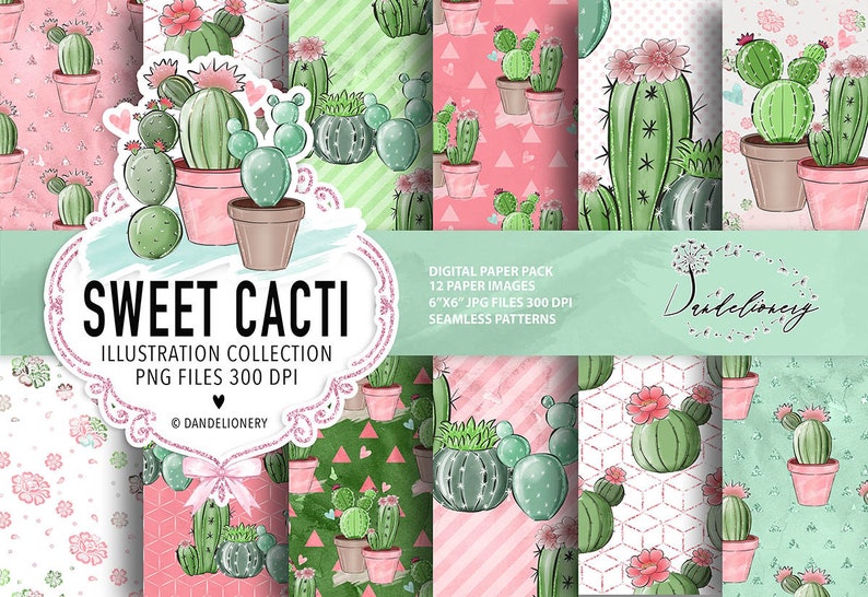 Pack de papier numérique Sweet Cactus, Motif de cactus dessiné à la main, Téléchargement de plantes, Bordure succulente mignonne, plante, fond de fleur image 1