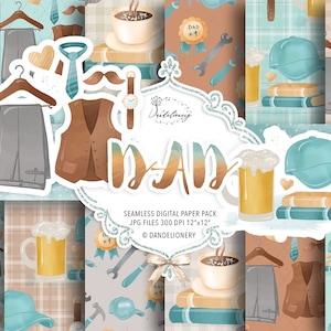 Melhor pacote de papel digital com design de pai, padrão de papai, pai, dia dos pais, gravata, bigode, café, urso, boné, ferramenta, relógio