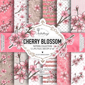 Cherry Blossom digital paper pack, Garden, Flower pattern, Hand Drawn Flowers, bow, spring, floral, leaves, pink, baby's breath