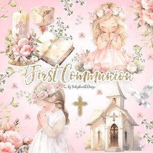 Acuarela Primera Comunión Clipart, Acuarela Clipart Primera Comunión para Niñas, religión, floral, Biblia, Rosario, Cruz, Paloma
