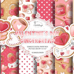 Valentines Gingerbread digital paper pack, valentine pattern, hot chocolate, heart, be my valentine, valentine paper, coffee