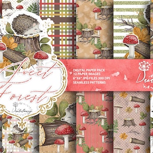 Sweet Forest digital paper pack, Hedgehog, mushroom, autumn, fall, pattern, leaves, wood, wooden logs
