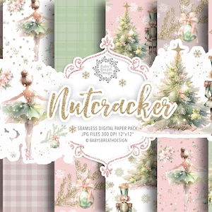 Pacote de papel digital de Natal quebra-nozes verde, padrão de Natal, Natal fofo, papel digital de balé, padrão de férias, papel de árvore de Natal