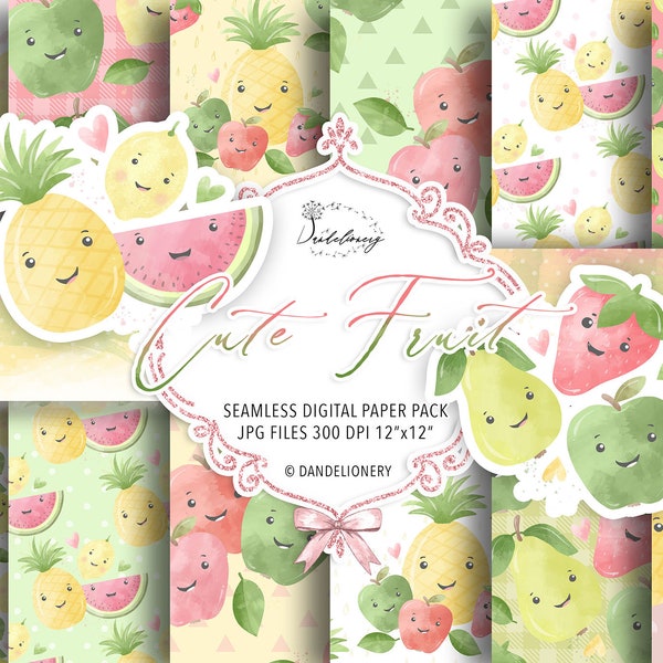 Watercolor Cute Fruit digital paper pack, fruit pattern, pear background, ananas, food, nursery digital paper, watermelon, apple, kawaii