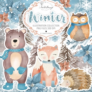 Winter Animals design, christmas, branches, christmas clip art, winter mood, snowflakes, holiday, snow, winter, bear, fox, Hedgehog, owl